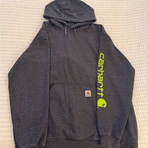 Carhartt Charcoal Hoodie with Bright Green Sleeve Logo